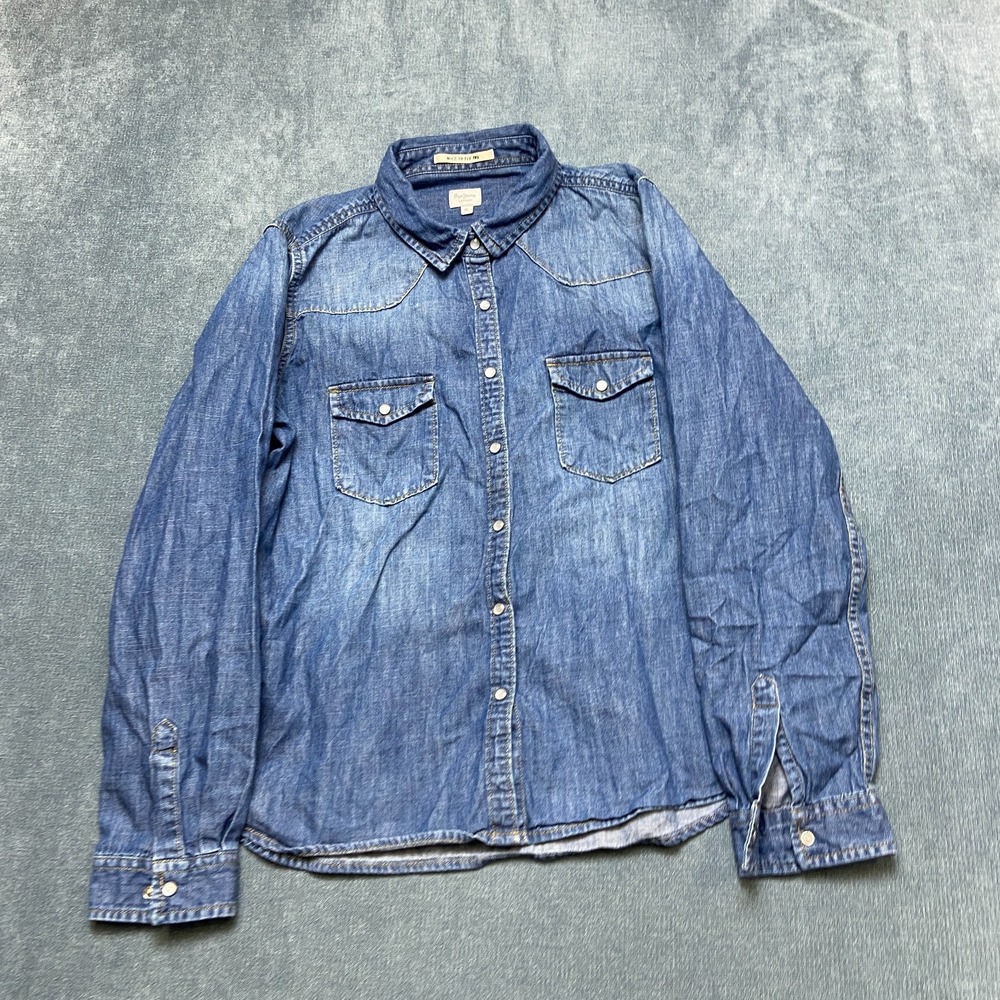 Pepe Jeans London Denim Shirt Women XL Blue Long Sleeve Chest Pocket Snap Button